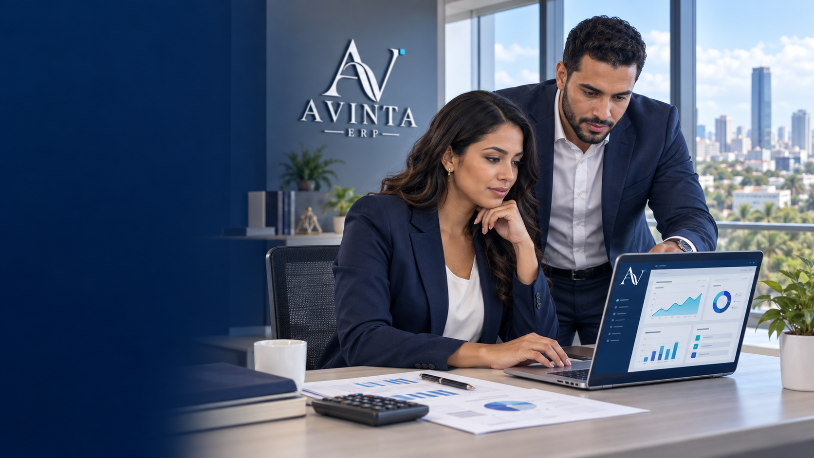 Profesionales usando AVINTA ERP en una laptop